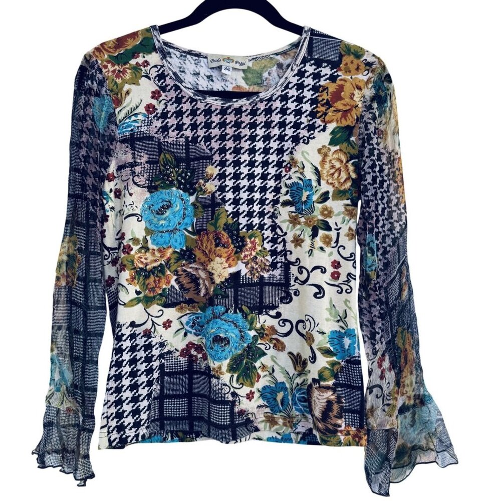 Paola Poggi Italy Womens Patchwork Floral Houndstooth Mesh Top Ruffle Sleeves 34